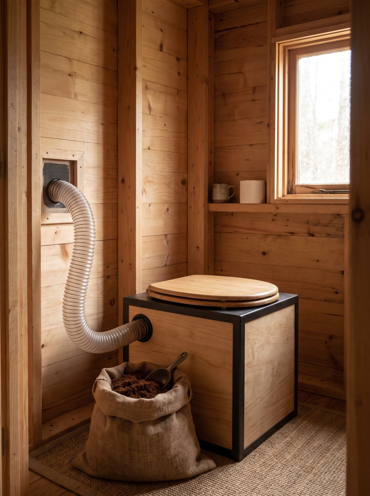A Nature's Head composting toilet installed in an off-grid cabin bathroom