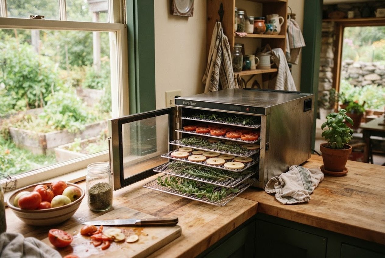A stainless food dehydrator on a kitchen counter with trays of sliced tomatoes, apples and herbs from the garden