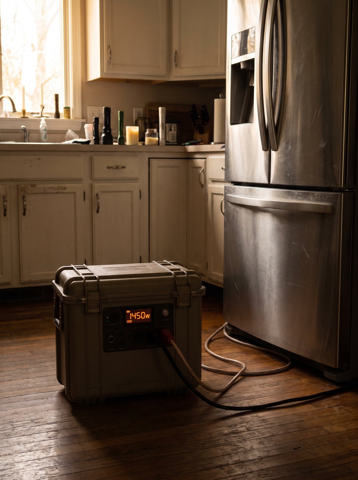 A portable power station on a kitchen floor powering a stainless refrigerator, its display showing the running wattage