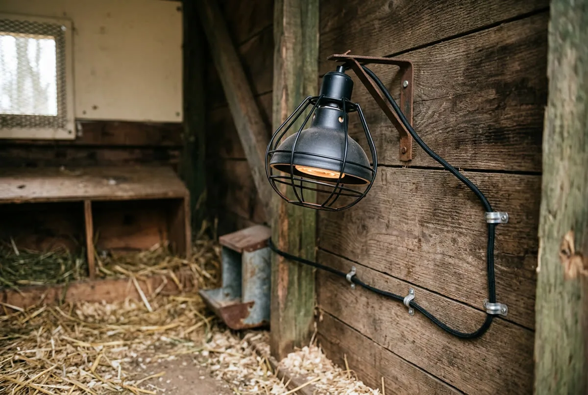 Ceramic heat lamp mounted on a coop wall bracket with cord clipped away