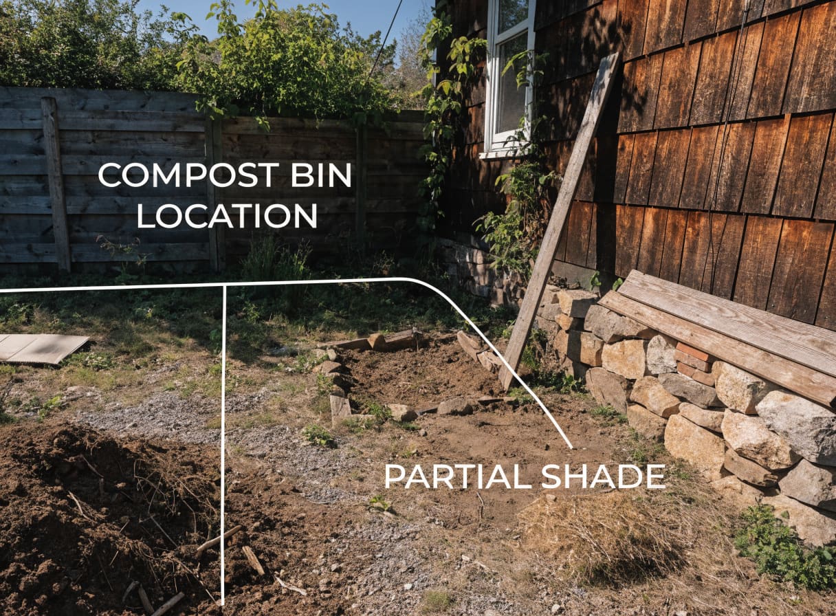 Backyard corner showing ideal shaded compost bin location near garden beds