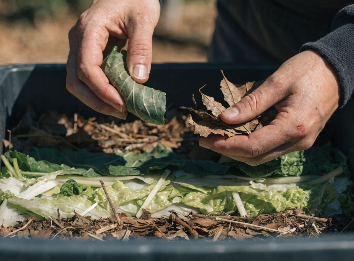 Layered compost pile showing alternating green kitchen scraps and brown dried leaves