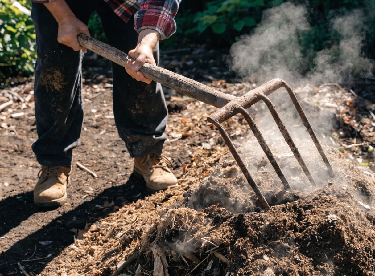 Garden pitchfork aerating an active backyard compost pile with steam visible