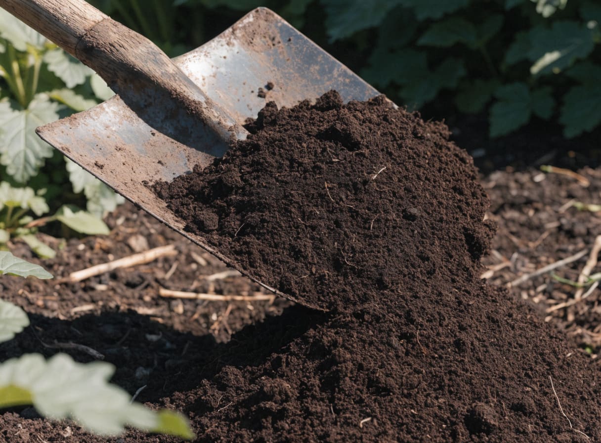 Dark crumbly finished compost being scooped into a garden bed from a backyard DIY bin
