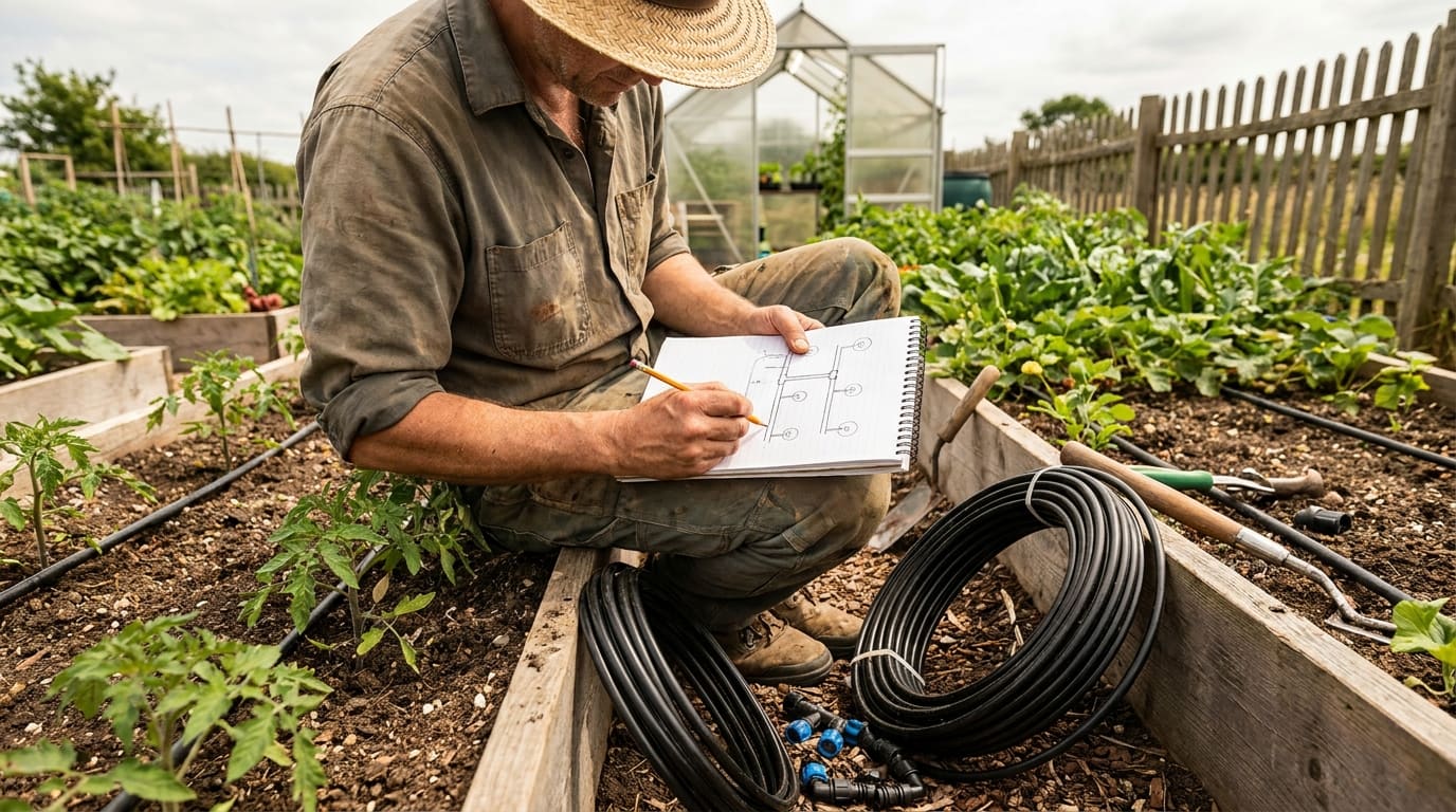 Person crouching in vegetable garden with notepad, sketching drip irrigation layout before installation