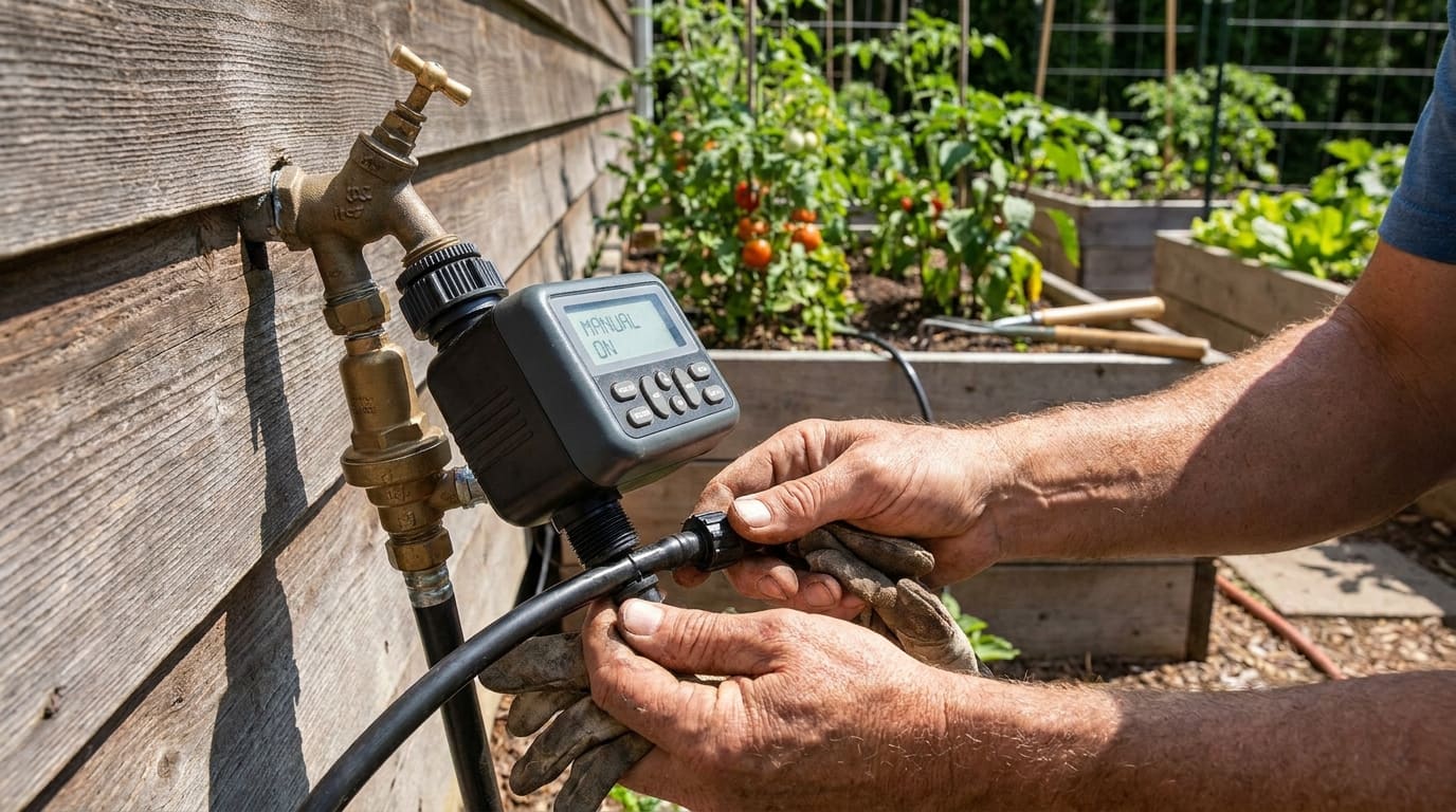 Hands attaching black drip irrigation mainline tube to digital hose timer on outdoor faucet — pressure regulator visible