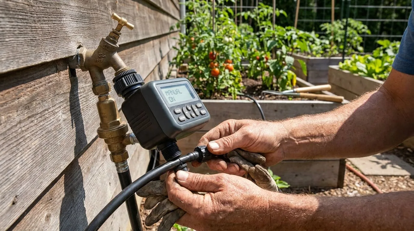 Hands attaching black drip irrigation mainline tube to digital hose timer on outdoor faucet — pressure regulator visible