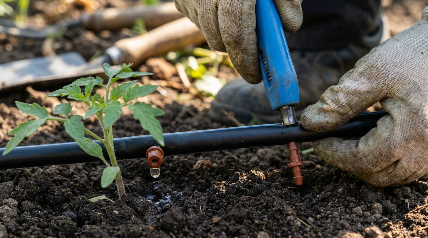 Close-up of hands using punch tool to install drip emitter in irrigation tubing at tomato plant base — water droplet visible
