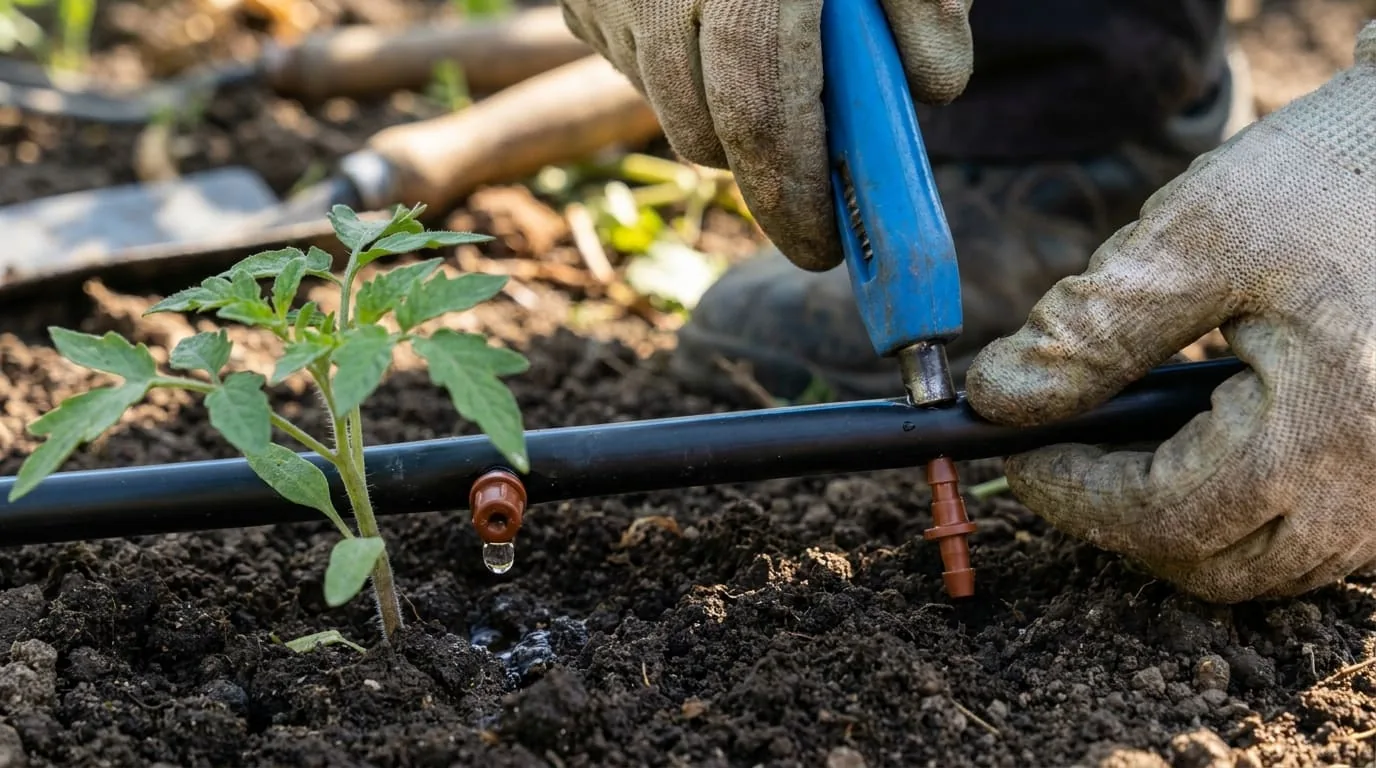 Close-up of hands using punch tool to install drip emitter in irrigation tubing at tomato plant base — water droplet visible