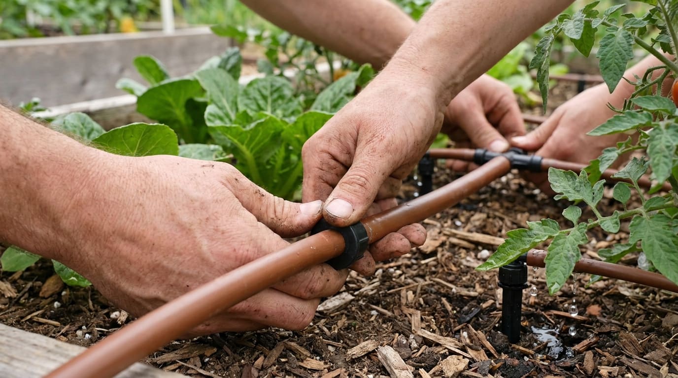 Hands pressing end cap onto drip irrigation mainline tubing — drip emitters visible at plant bases with water flowing