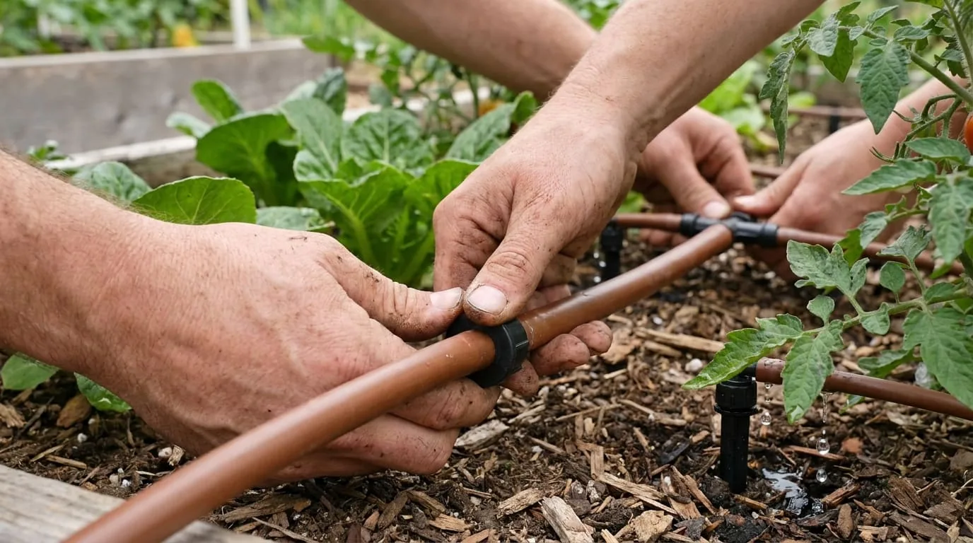Hands pressing end cap onto drip irrigation mainline tubing — drip emitters visible at plant bases with water flowing