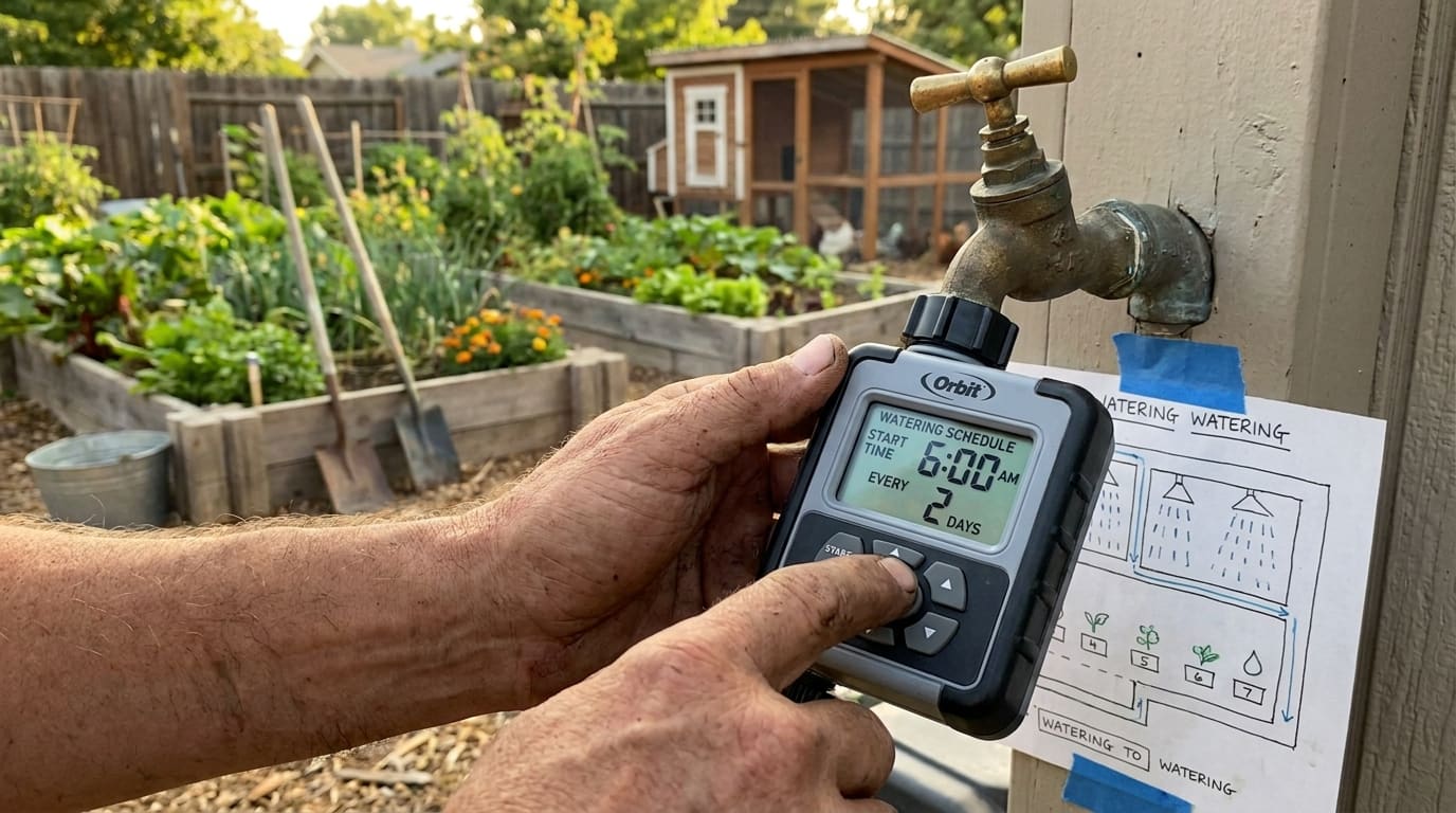 Close-up of hands programming Orbit digital hose timer on outdoor faucet — watering schedule display visible