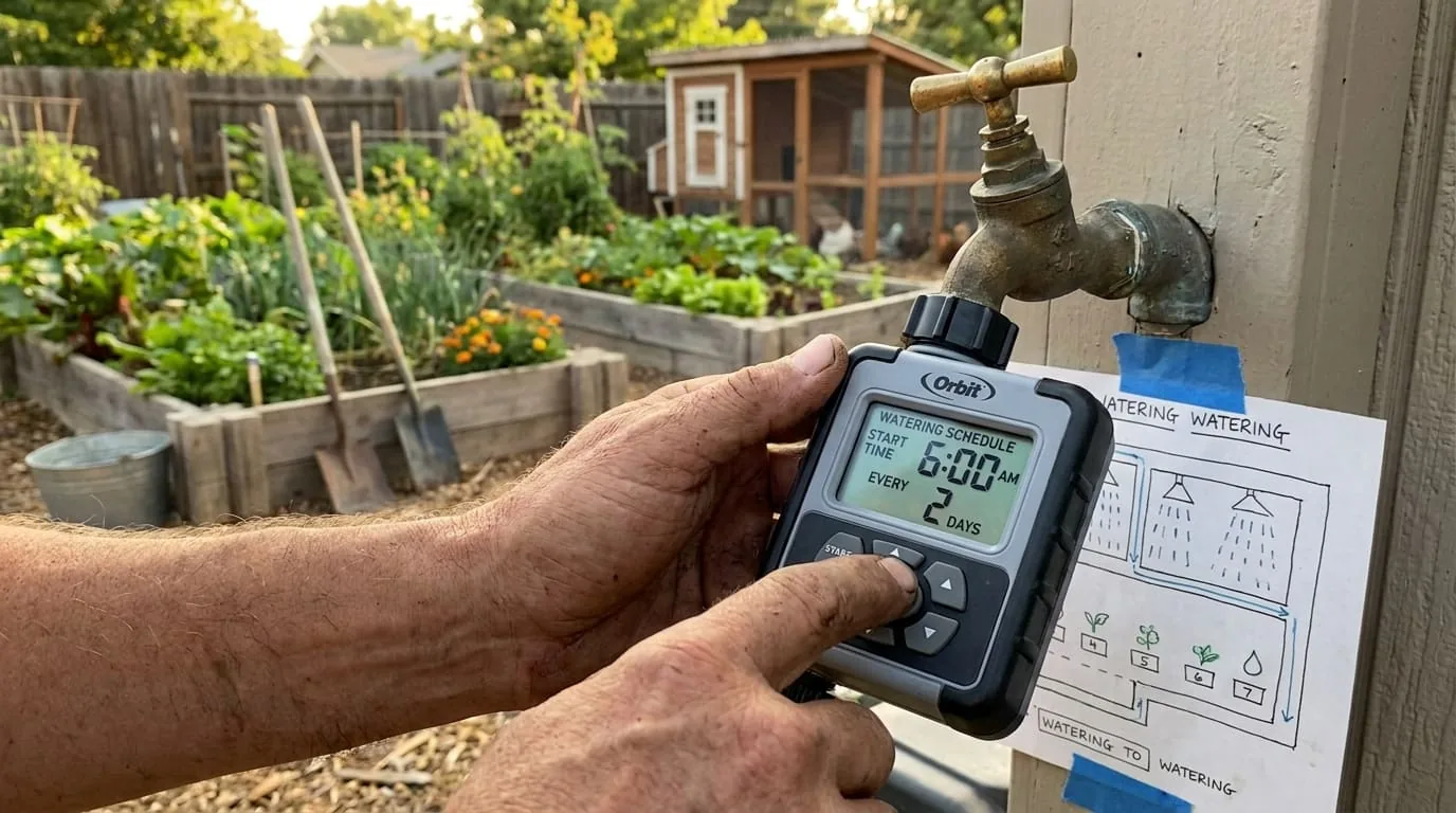 Close-up of hands programming Orbit digital hose timer on outdoor faucet — watering schedule display visible