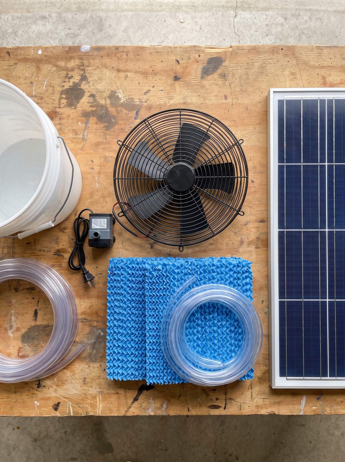DIY swamp cooler parts laid out on a workbench: a five-gallon bucket, a 12V fan, a small water pump, blue evaporative cooling pads, clear tubing and a solar panel