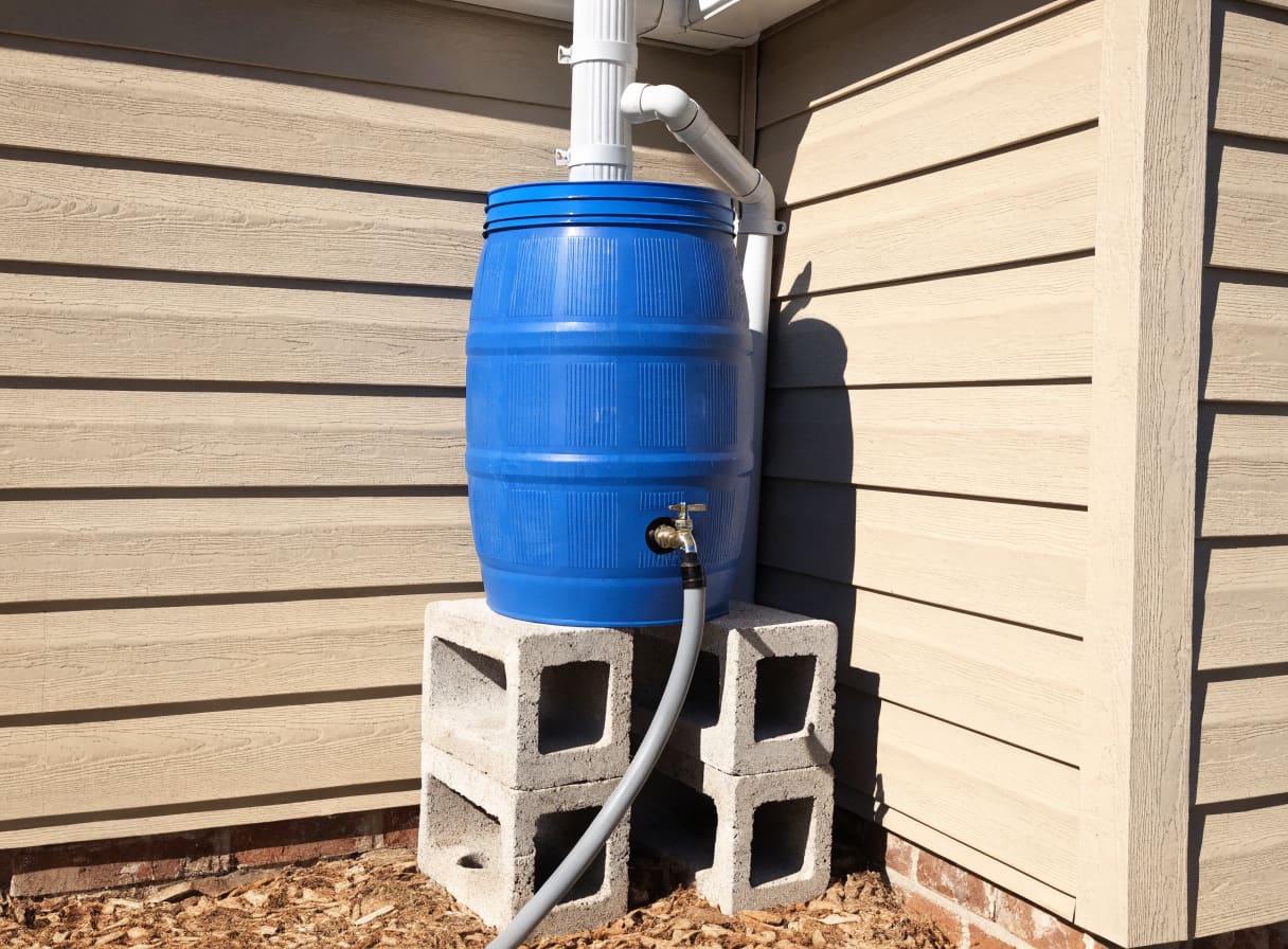 Rain barrel elevated on cinder blocks with brass spigot — 16-24 inches provides ideal gravity-fed flow