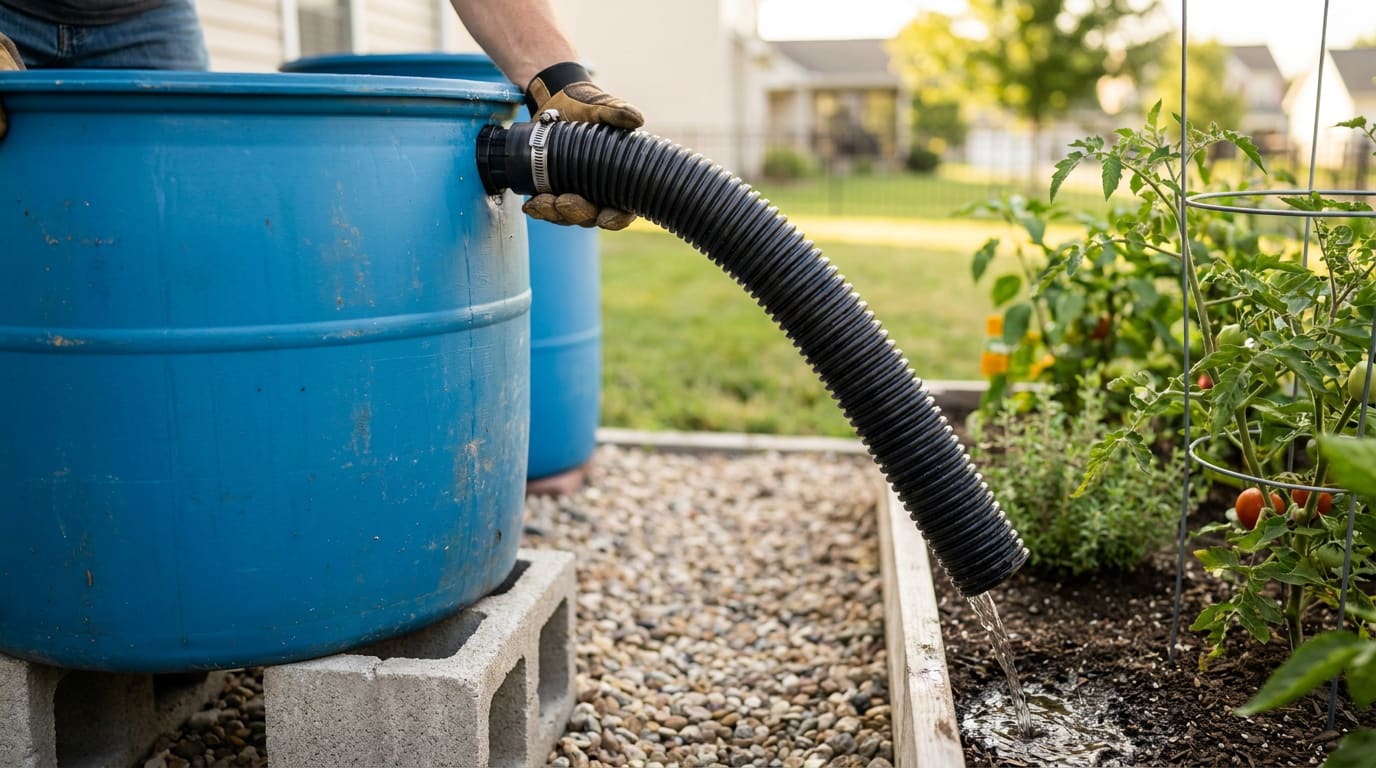 Overflow hose installed at top of rain barrel — flexible tube directs excess water away from foundation toward garden bed