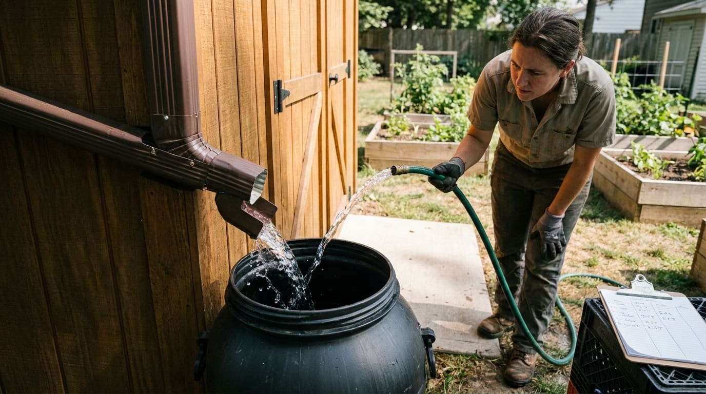Person testing rain barrel system — water flowing into barrel through downspout diverter during hose test