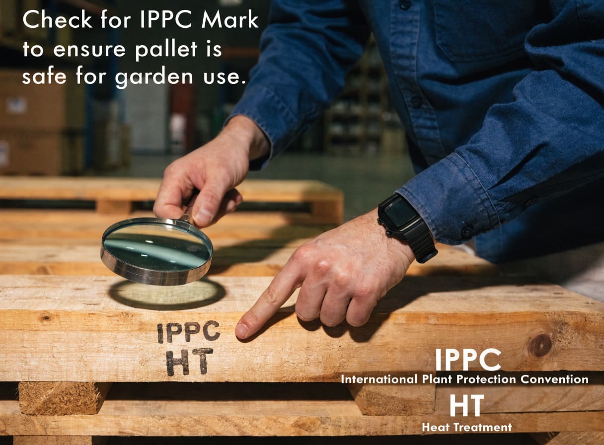 Checking pallet heat-treatment stamp markings at a warehouse for safe DIY garden use