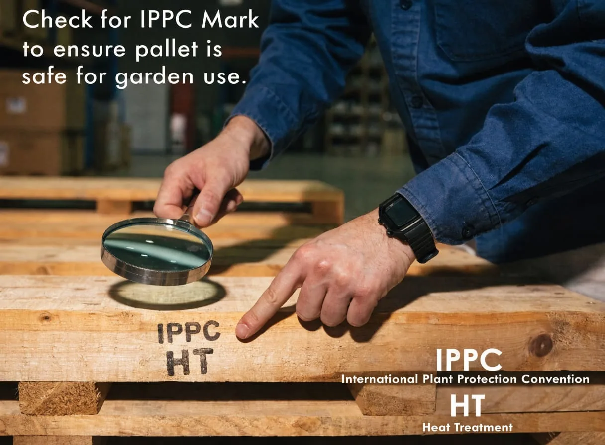 Checking pallet heat-treatment stamp markings at a warehouse for safe DIY garden use