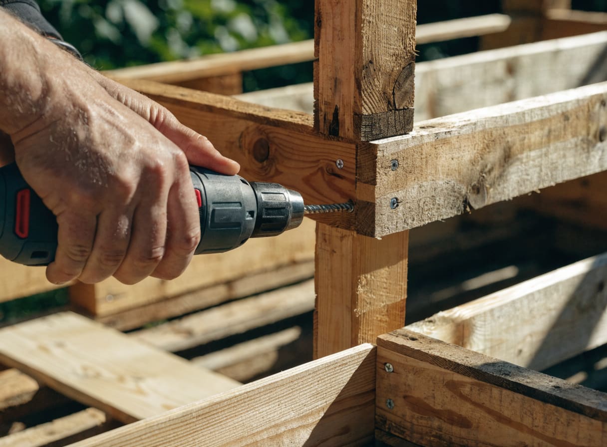Wooden pallets being screwed together at the corners to form a raised garden bed frame on flat ground