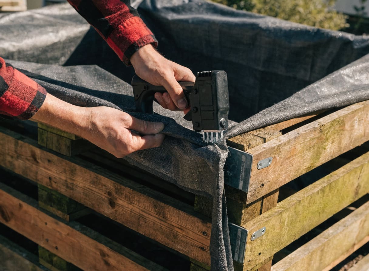 Stapling weed barrier landscape fabric to the inside walls of a pallet raised bed frame before filling with soil