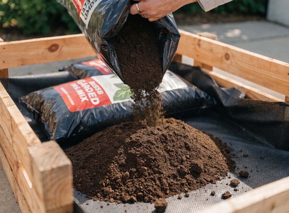Pouring bagged raised bed soil mix into a pallet garden frame lined with landscape fabric ready for planting
