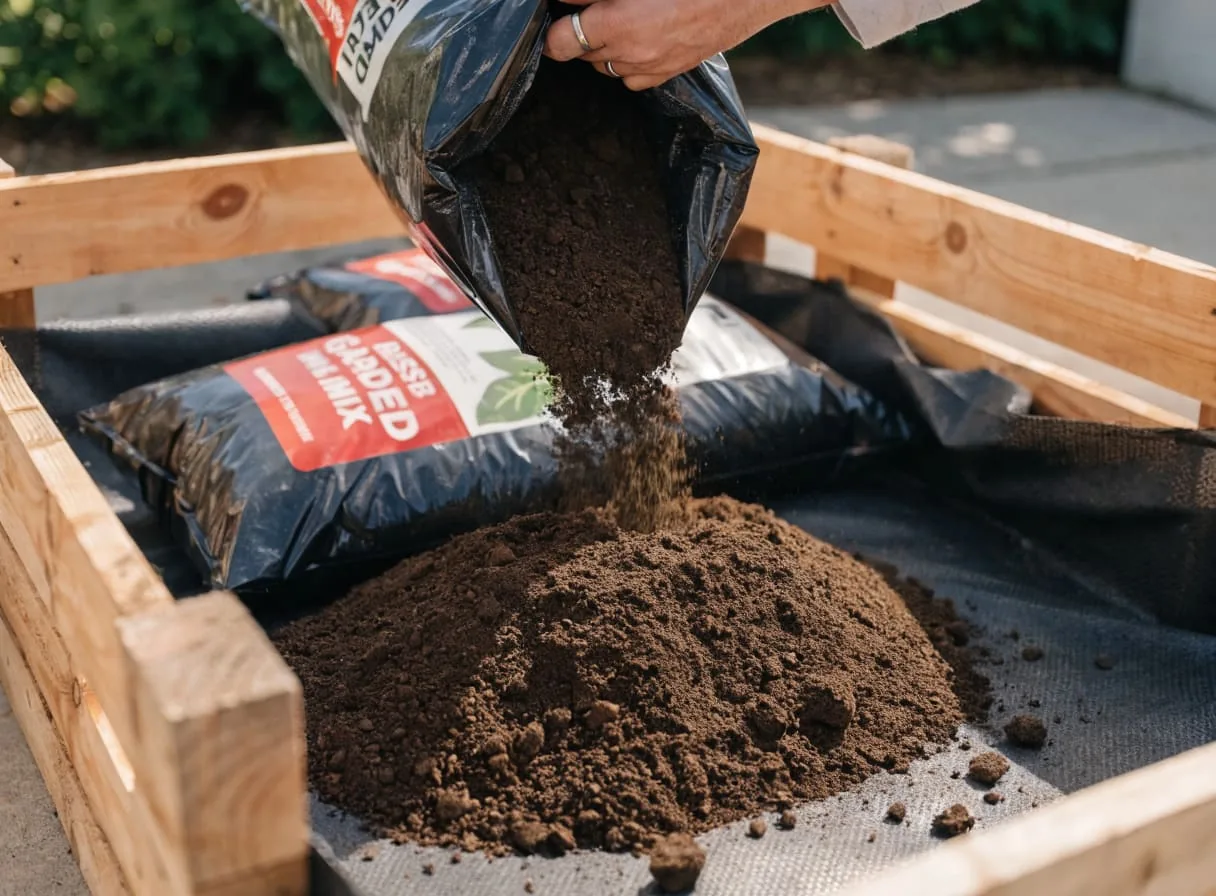 Pouring bagged raised bed soil mix into a pallet garden frame lined with landscape fabric ready for planting