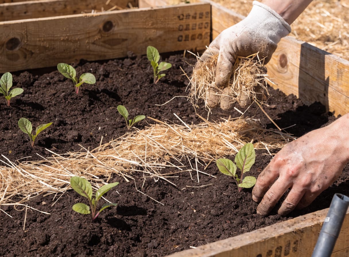 Seedlings being planted into a filled pallet raised garden bed with straw mulch being spread between rows