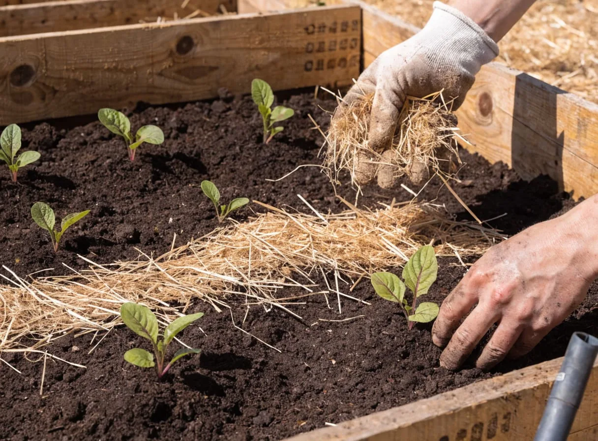 Seedlings being planted into a filled pallet raised garden bed with straw mulch being spread between rows