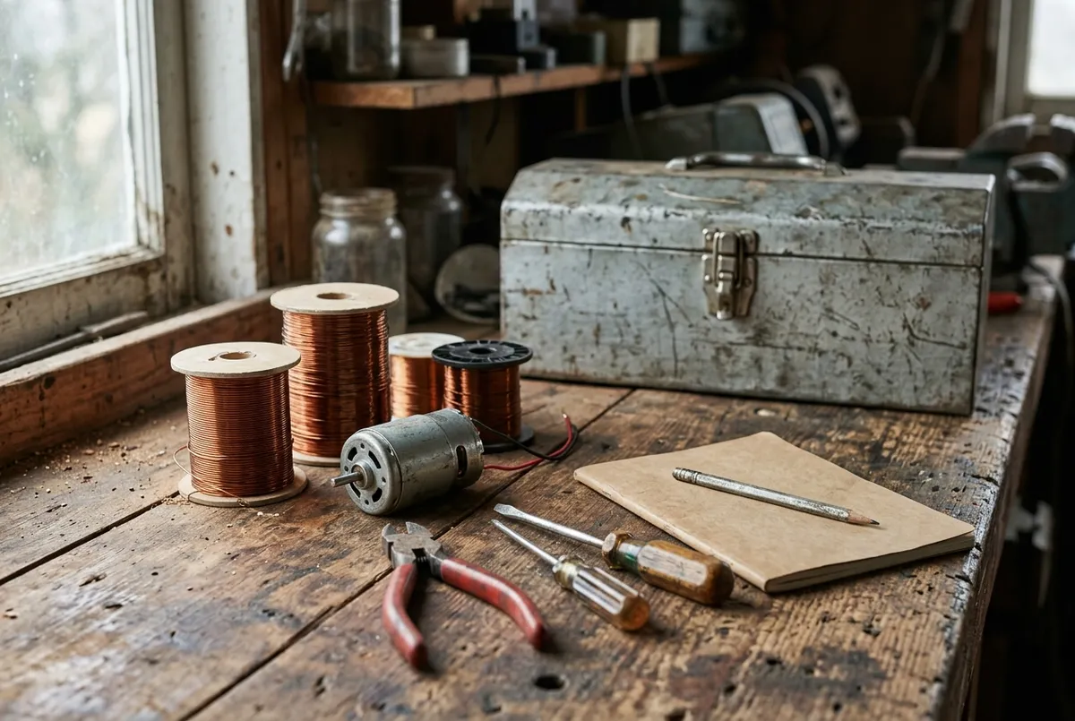 Copper wire spools, a small DC motor, hand tools, and a blank notebook on a weathered workshop bench