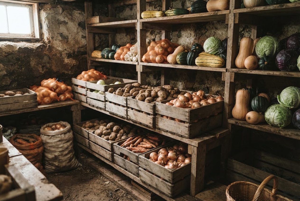 Wooden crates and mesh bags of potatoes, carrots, onions, winter squash and cabbage stored on shelves in a cool root cellar