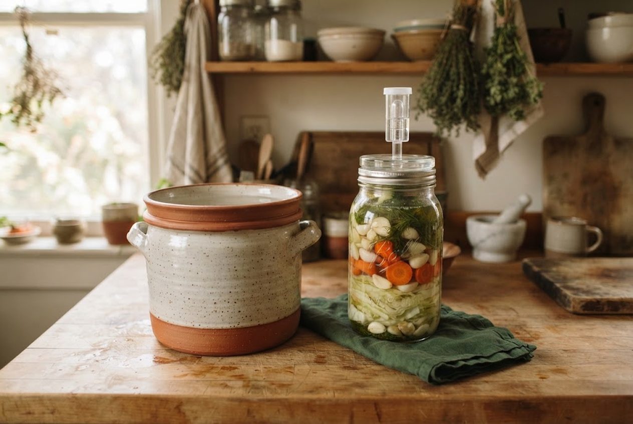 A stoneware water-seal fermentation crock beside a wide-mouth mason jar of vegetables with glass weights, on a kitchen counter