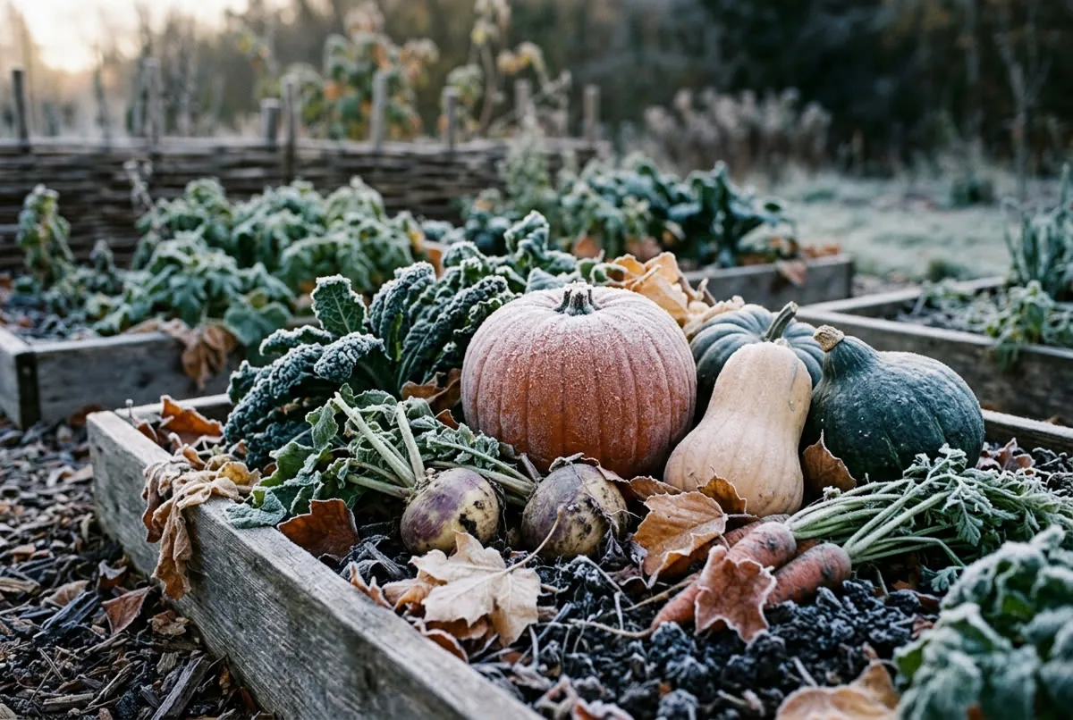 Frost-covered pumpkin and fall vegetables in a garden bed at dawn