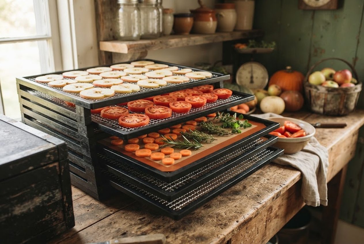 Dehydrator trays lined with sliced apples, tomatoes, carrots and herbs from a fall harvest, some on non-stick silicone sheets