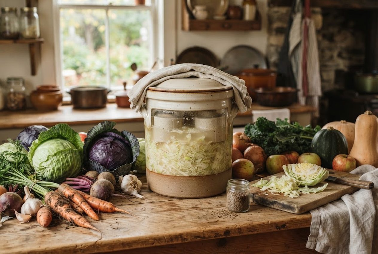 A stoneware fermentation crock with weights holding shredded cabbage under brine on a kitchen counter, surrounded by fresh fall vegetables