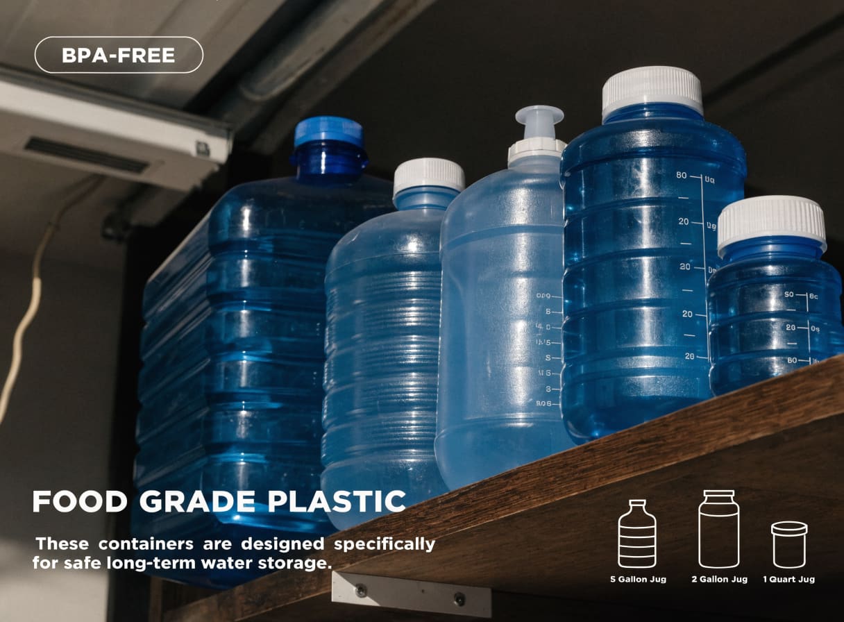 Assortment of blue food-grade BPA-free water storage containers of various sizes on a garage shelf