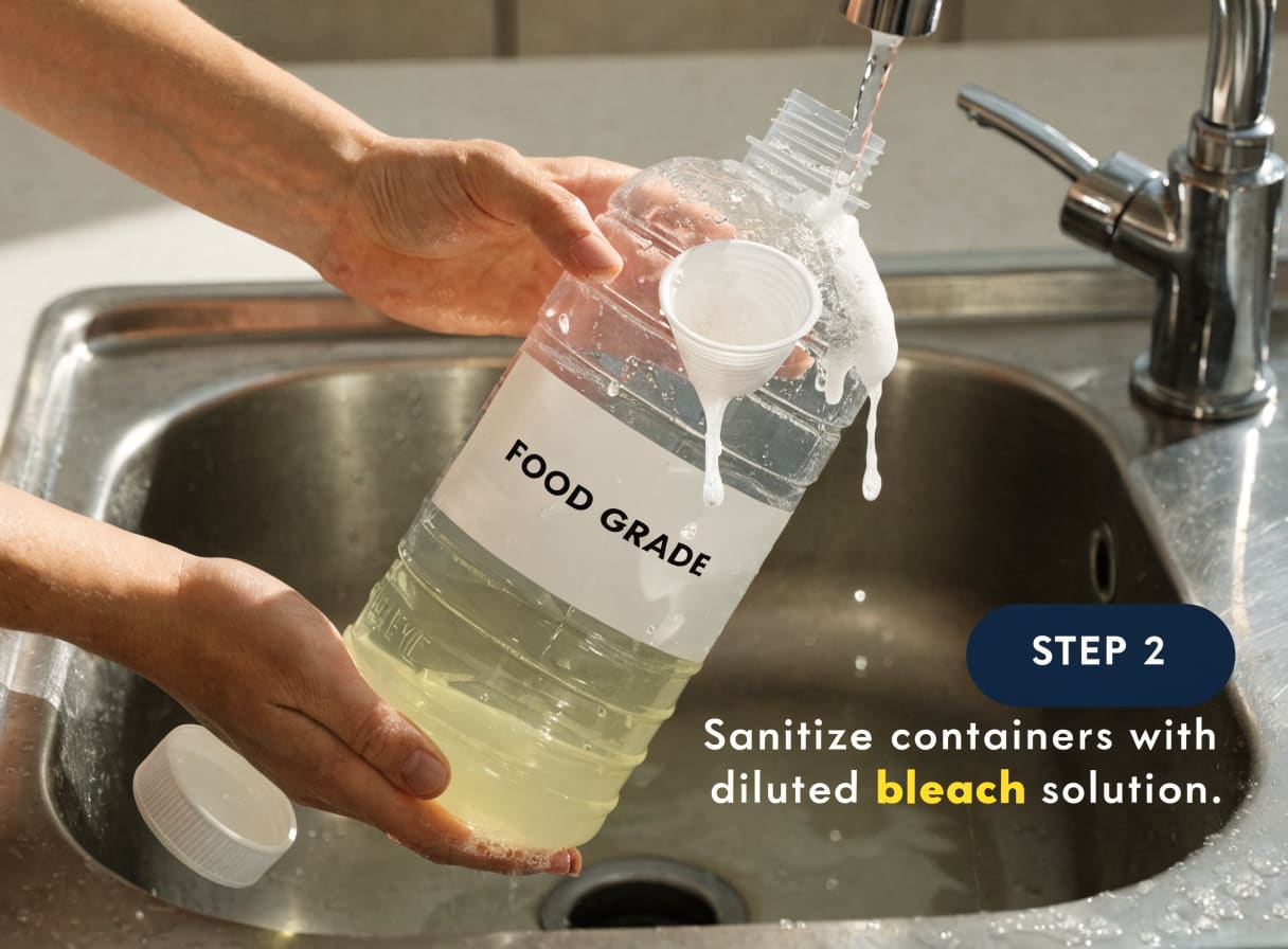 Person rinsing a food-grade water container with a diluted bleach solution before filling for emergency storage