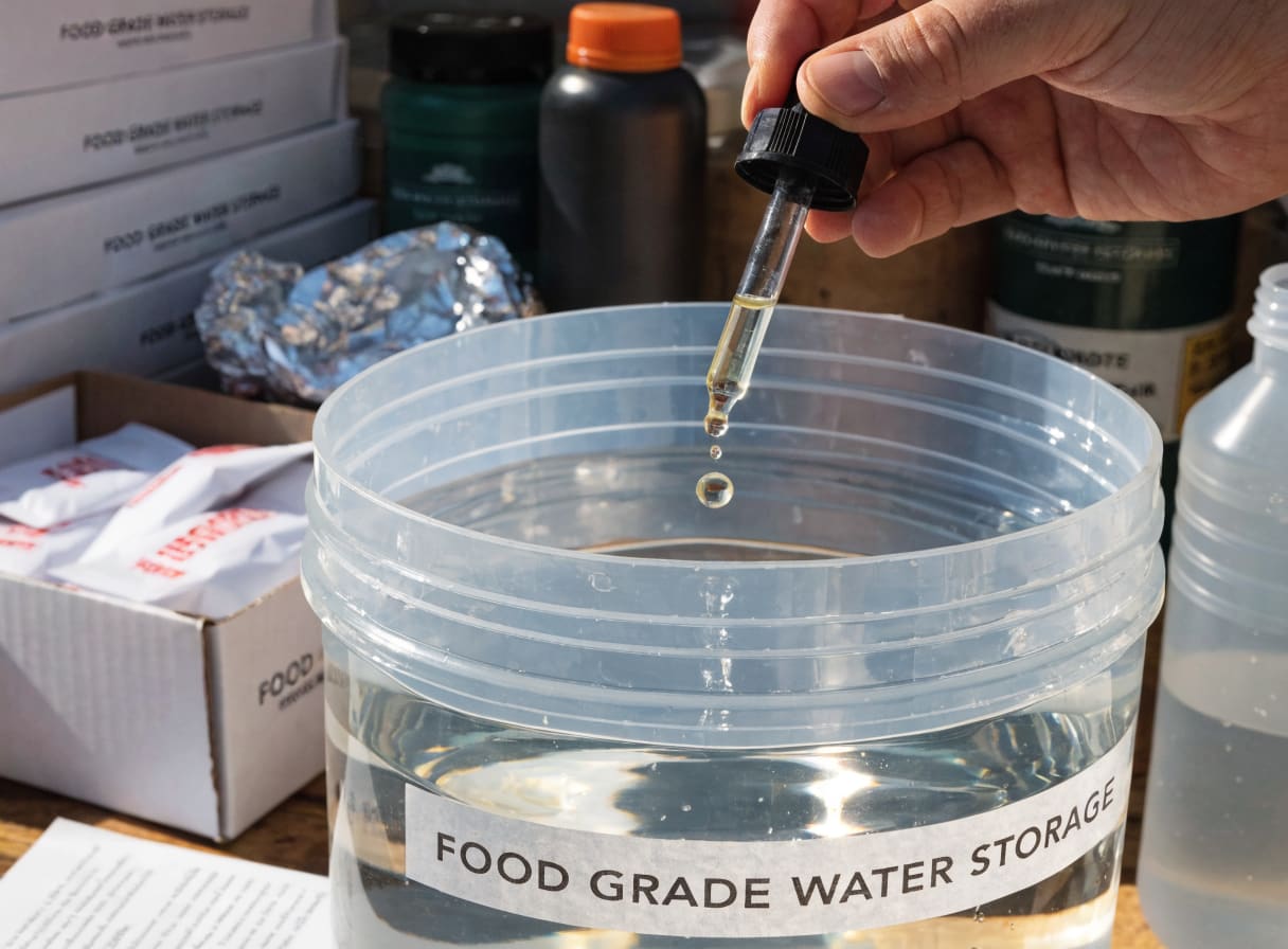 Dropper adding liquid chlorine bleach to a food-grade water container to treat tap water for long-term emergency storage