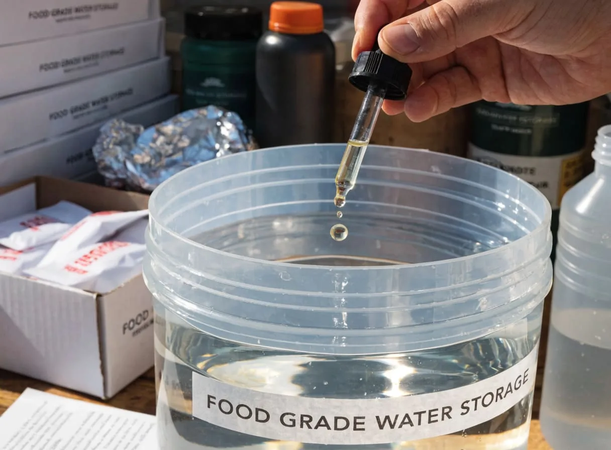 Dropper adding liquid chlorine bleach to a food-grade water container to treat tap water for long-term emergency storage