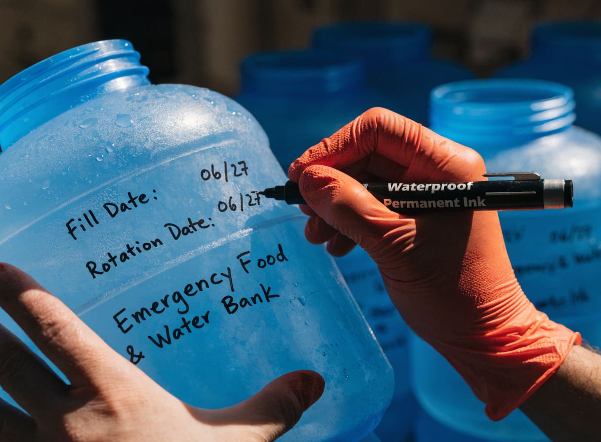Food-grade water containers with waterproof labels showing fill date and expiration date organized on basement shelving
