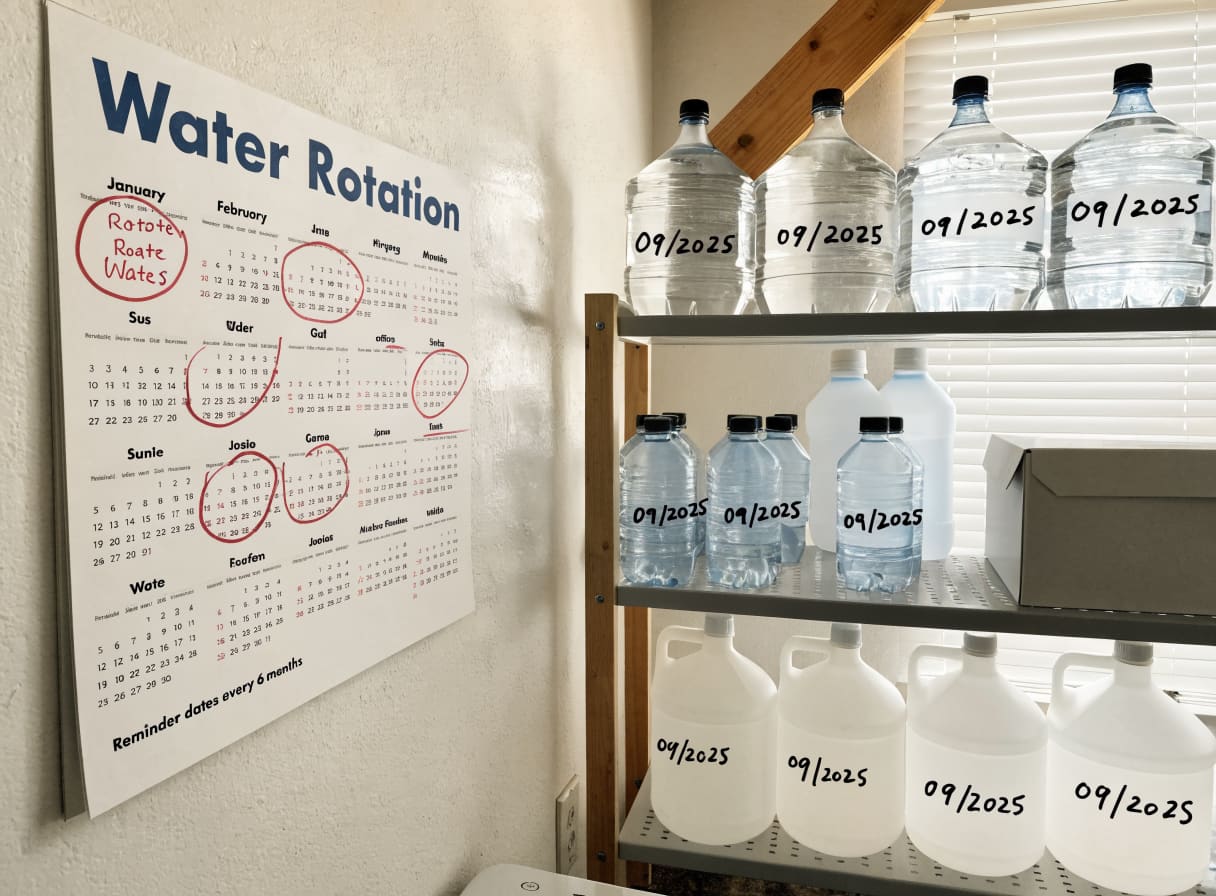 Wall calendar with water rotation reminder dates marked every six months for emergency water storage maintenance