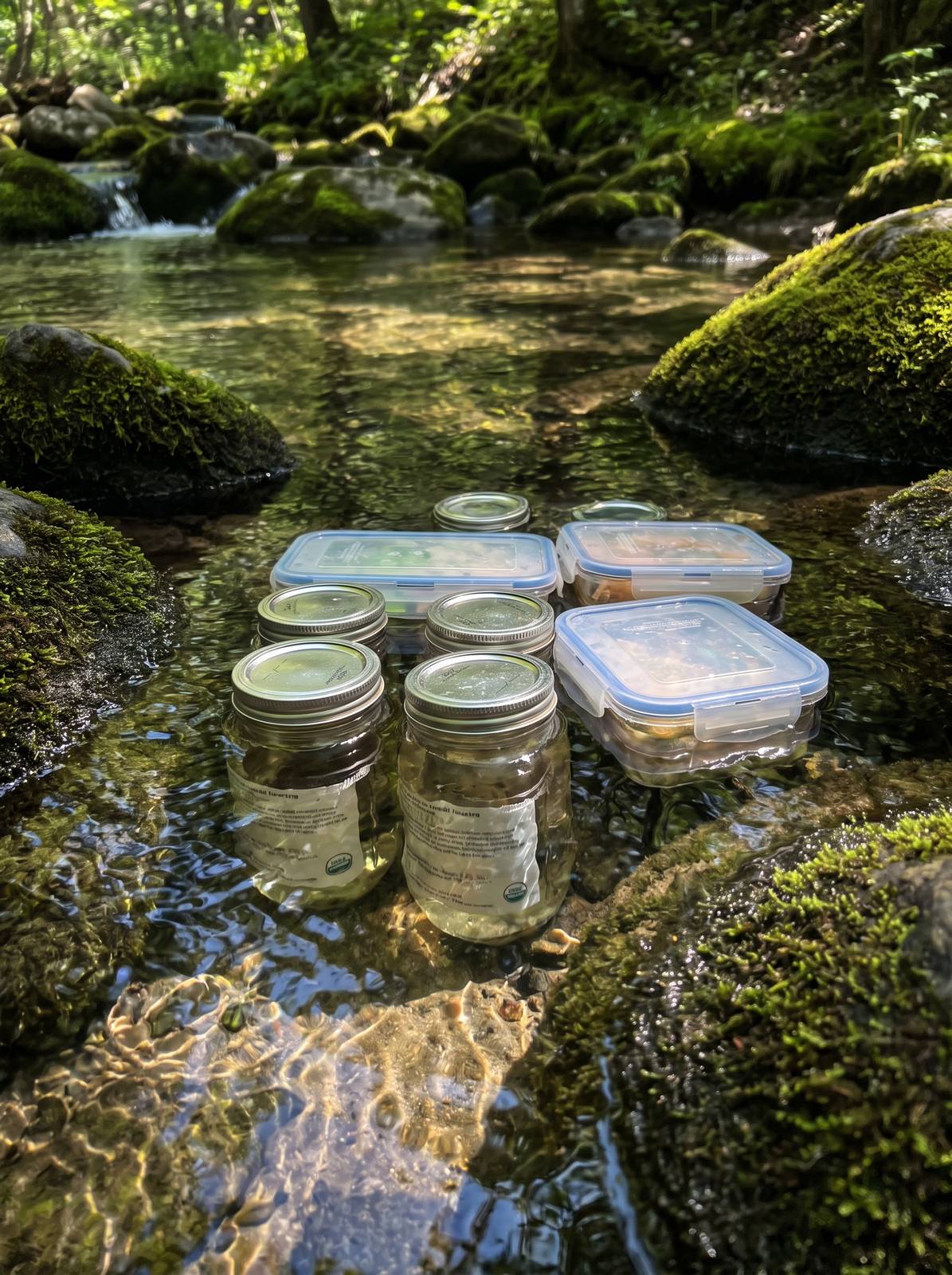 Sealed jars of food submerged in a cold, clear spring stream to keep them cold off-grid