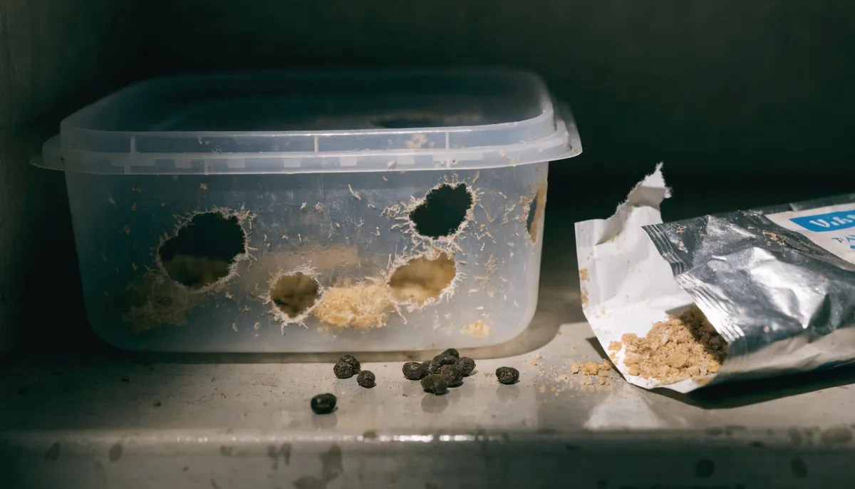 Plastic storage container with rodent gnaw holes — mouse damage to food supply