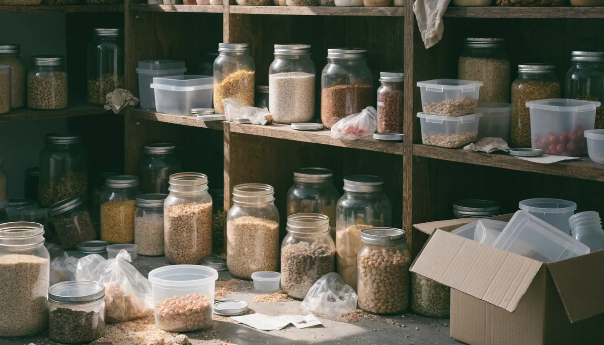 Unlabeled food storage containers with no dates or inventory system