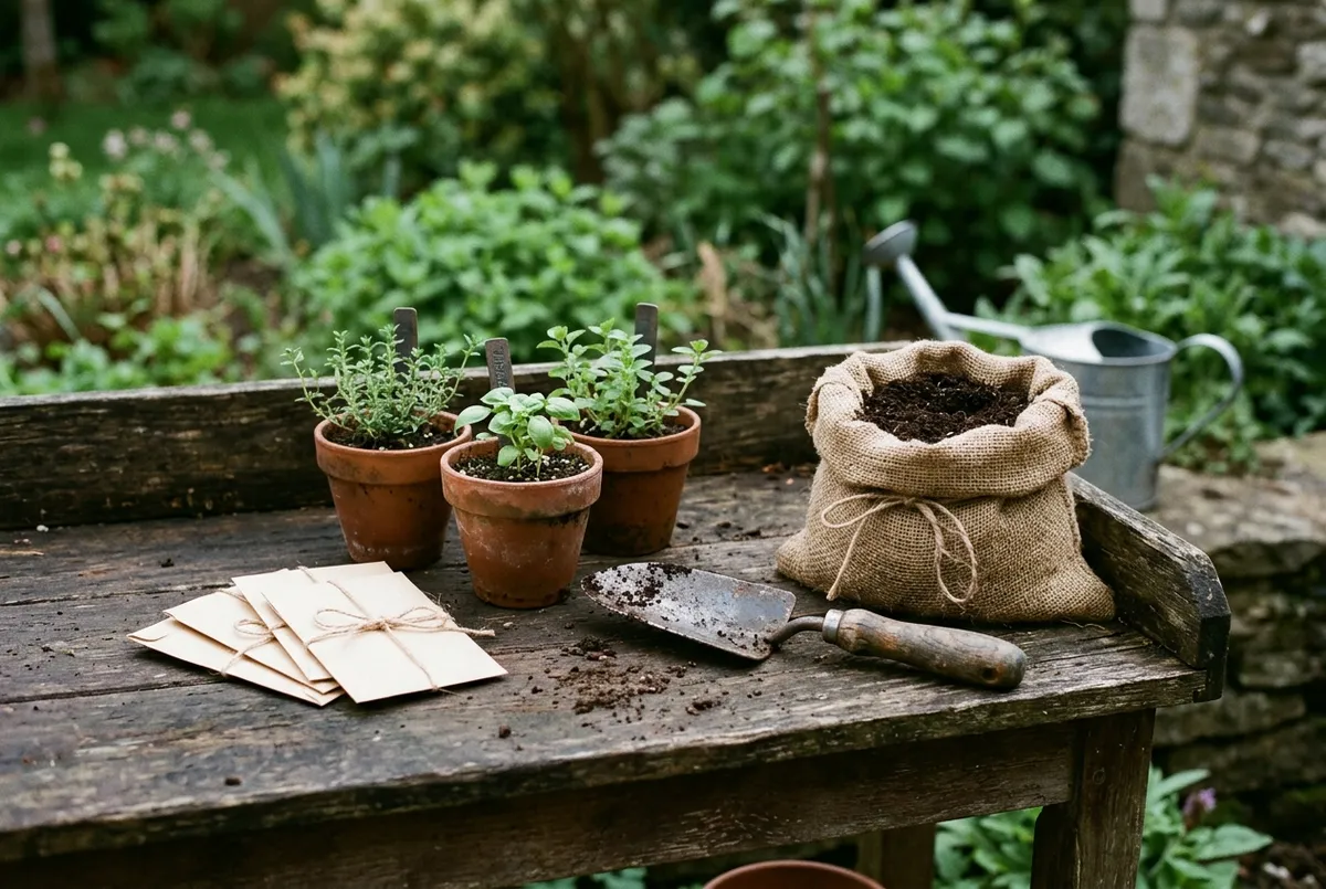Herb seedlings in terracotta pots, plain seed envelopes, a trowel and a burlap soil sack on a potting bench