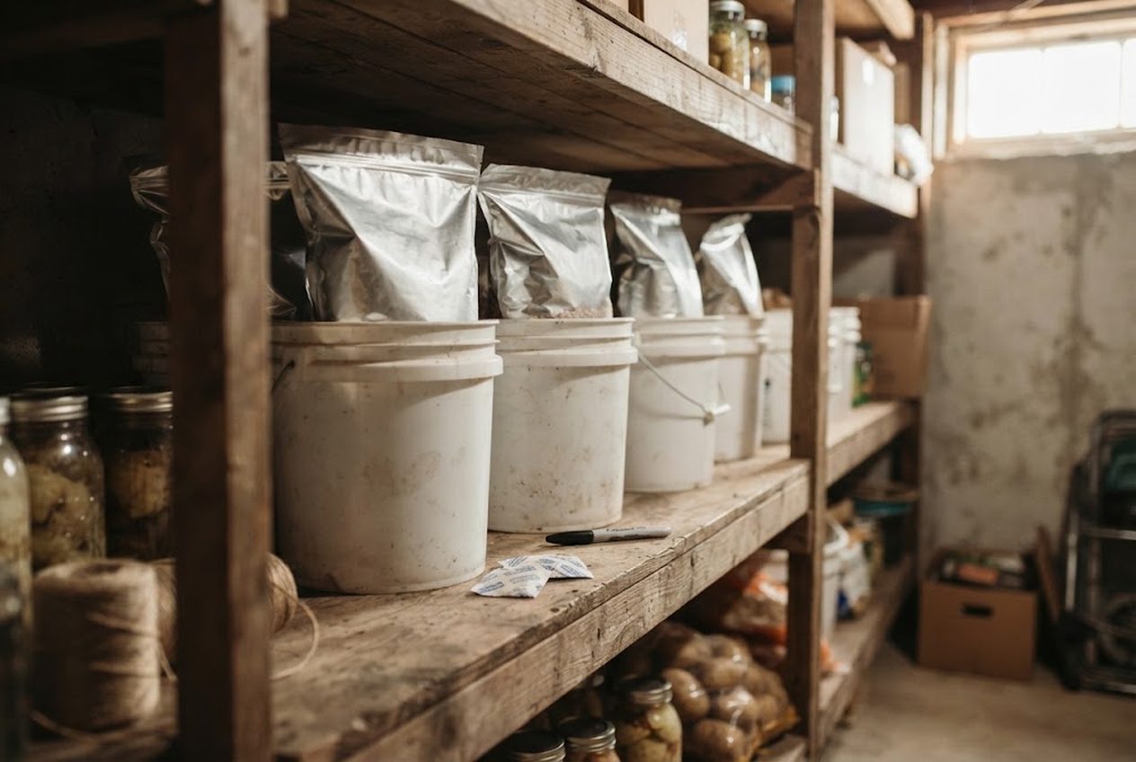 Sealed Mylar bags of rice and beans standing in food-grade buckets on a basement shelf, with oxygen absorbers and a labeling marker