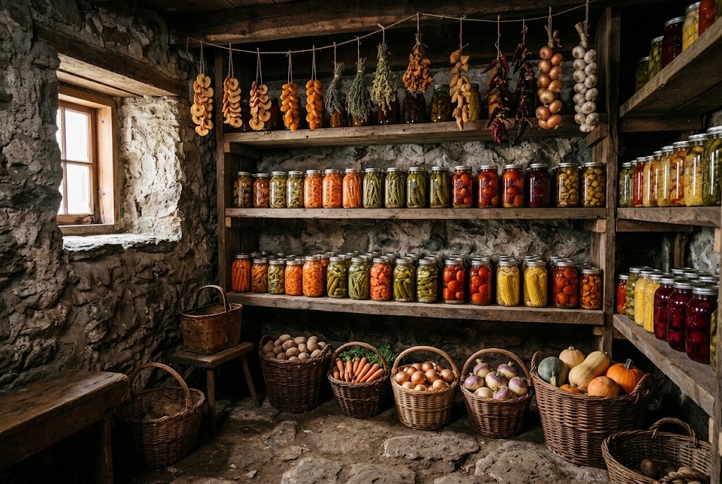 A pantry of mason jars, dehydrated food, and root vegetables stored without refrigeration