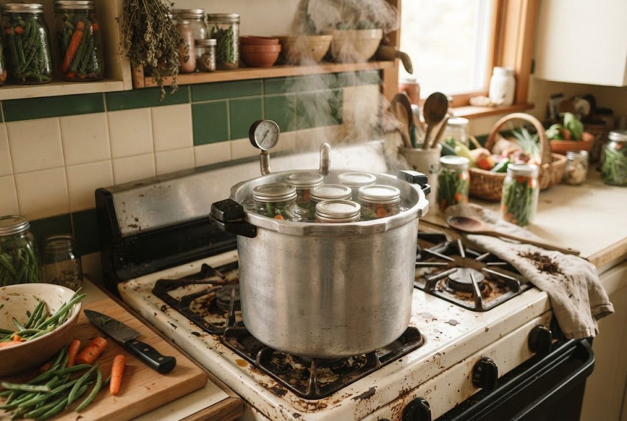A Presto aluminum pressure canner on a stovetop loaded with jars of green beans and carrots from a fall harvest