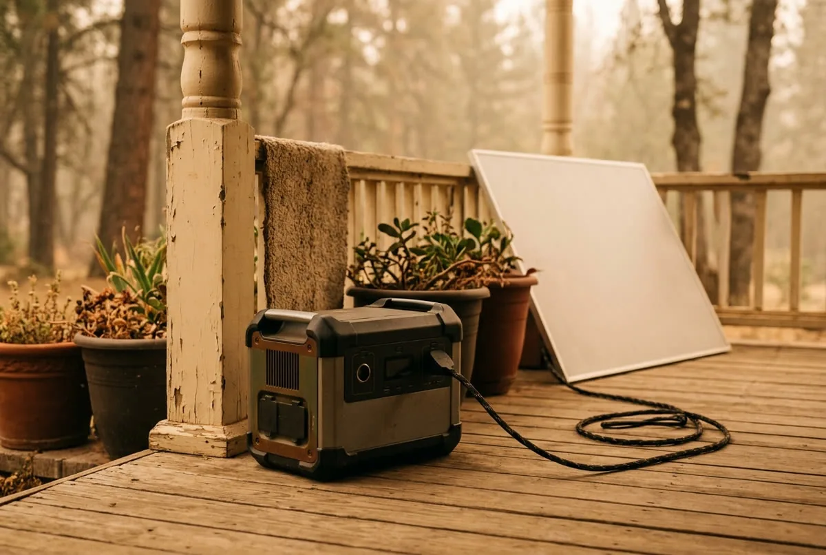 Solar generator and panel on a porch under a hazy smoke-filled sky