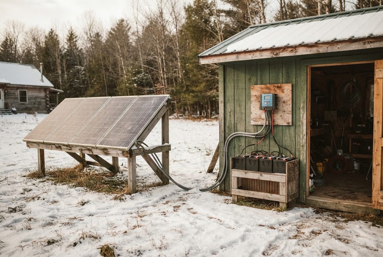 Solar panels mounted on a snowy backyard rack wired to a charge controller and a bank of deep-cycle batteries in a shed